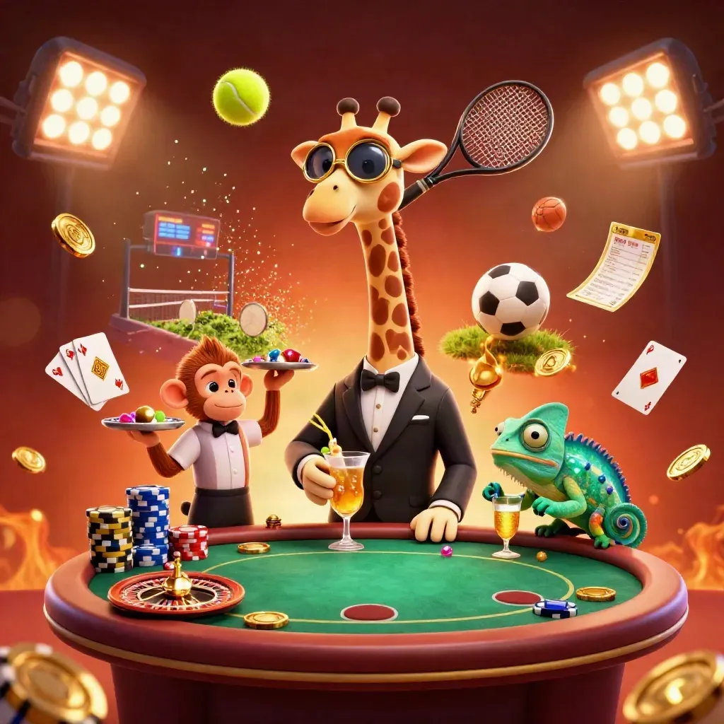 Stripachtige casino-dieren rond een tennisbal, goud, chips en neonlicht.