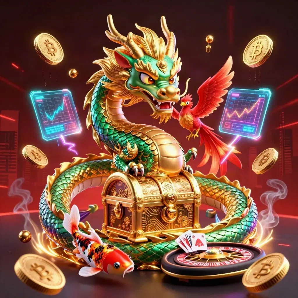 Gouden draak met schatkist, phoenix, koi en neon casino-effecten in luxe roodzwarte achtergrond.