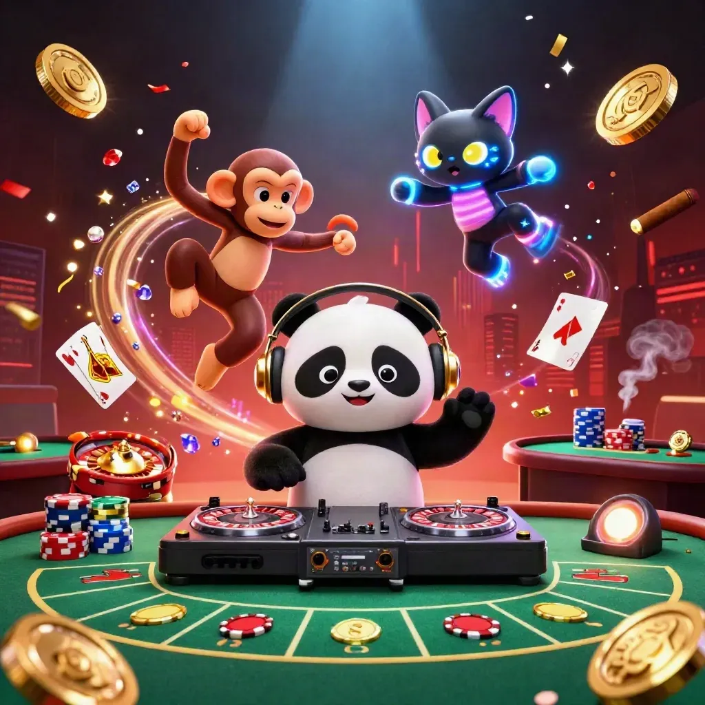 DJ-panda, dansende aap en glow-kat in luxe casino met goud en neon