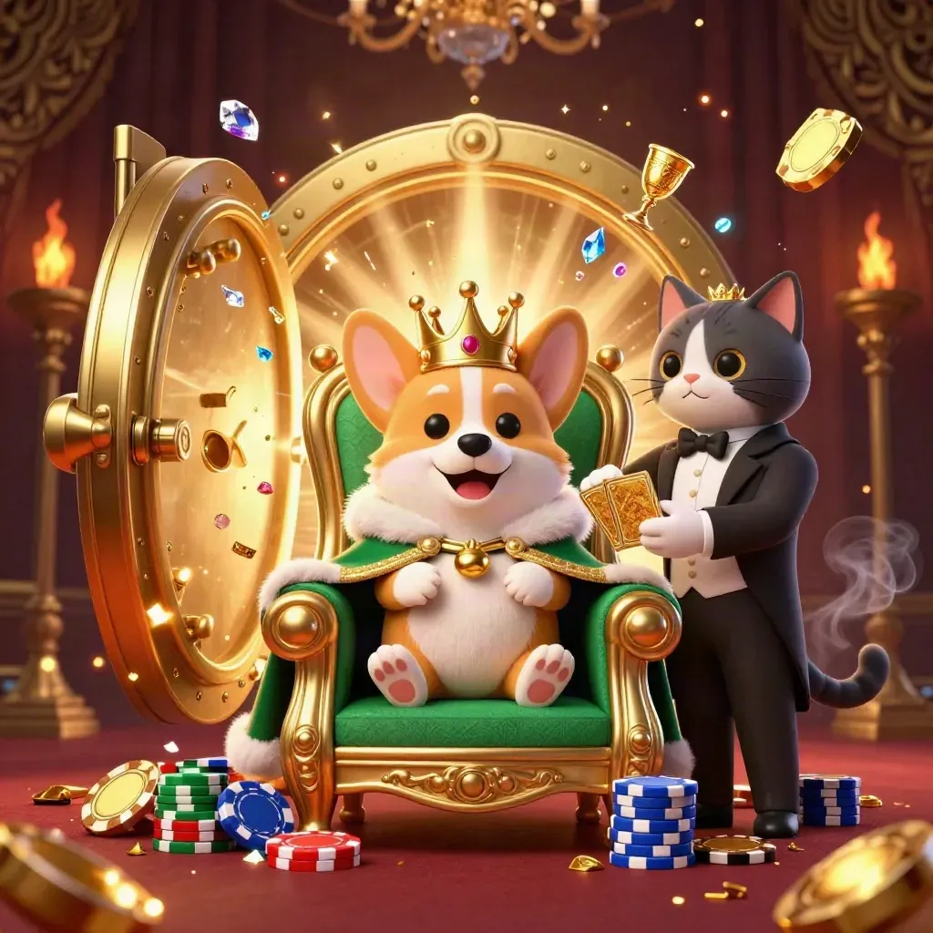 Koninglijke corgi op pokertroon, katt-butler en goud, kluis en edelstenen, luxe casino-sfeer.
