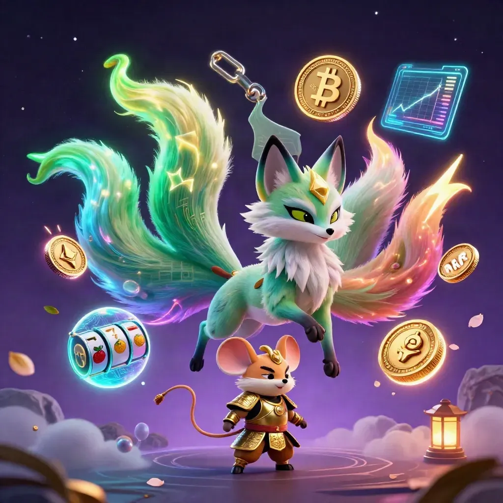 Negenstaartige neonvos met samurai-muis, munten, magie en luxe casino-effecten