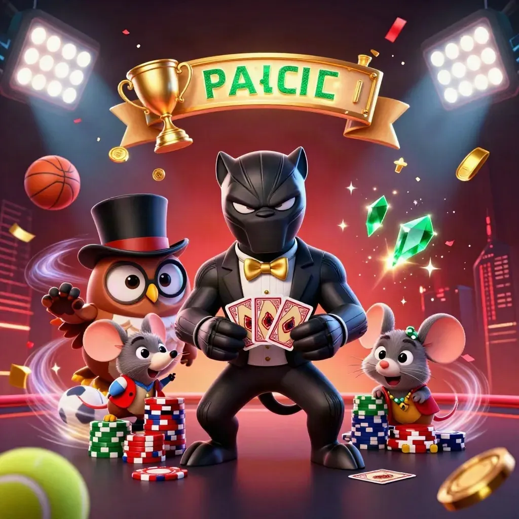 Panter, uil en muis in luxe casino-scène met sportballen, goud en vuurwerk.
