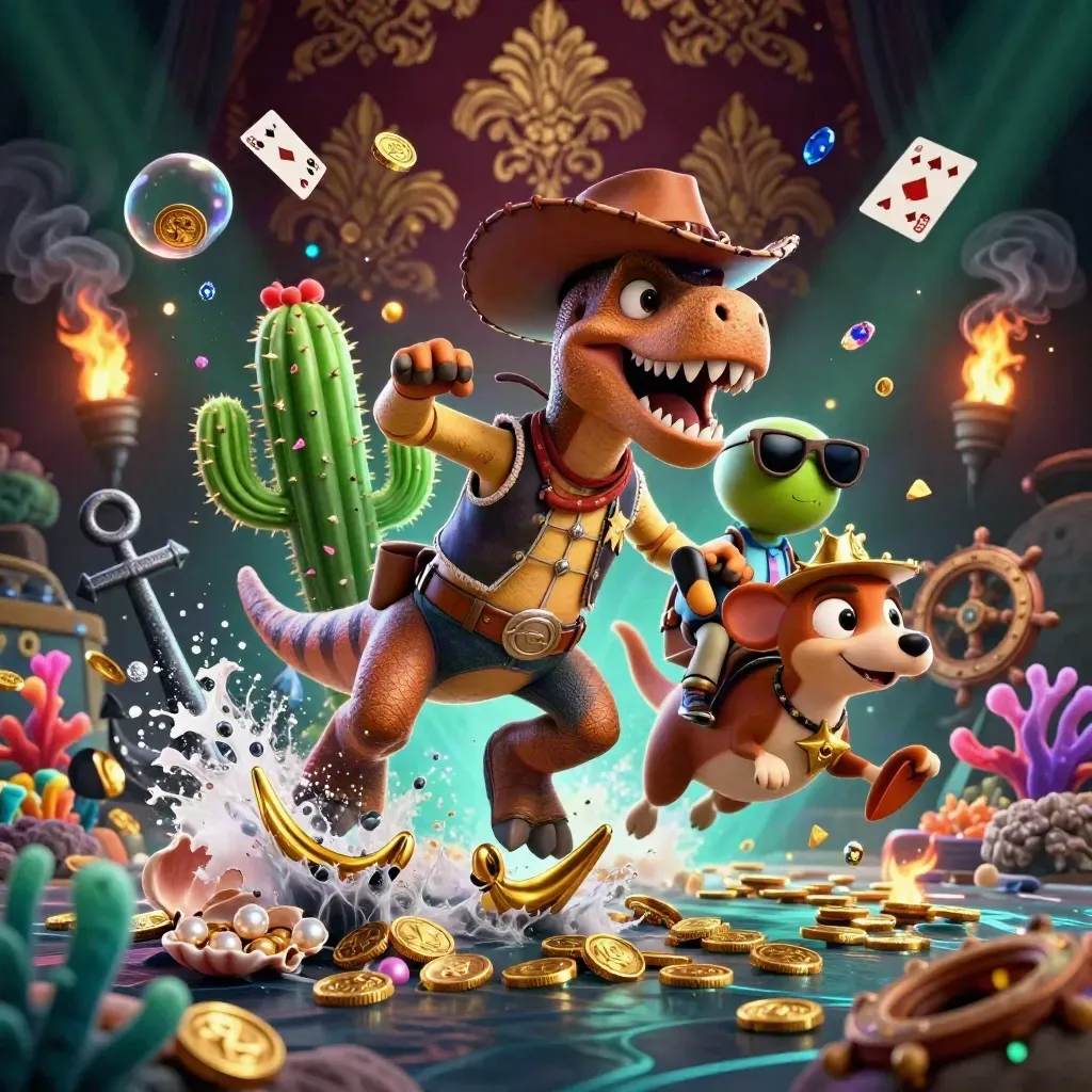 Cowboy T-rex, cactus en sheriff-roadrunner in een luxe onderwaterschatkamer met goud en neon.