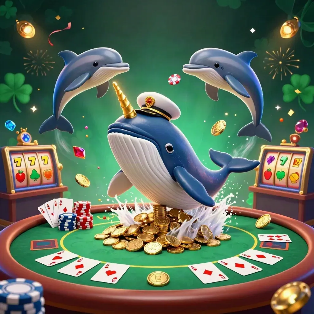 Walviskapitein, narwal en dolfijnen in smaragdgroene casinozee met kaarten, chips en goud.